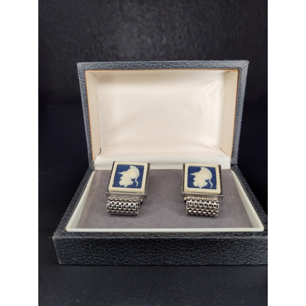 Silver Tone Wrap Around Mesh Cufflinks Blue White Cameo Classical Profile Boxed